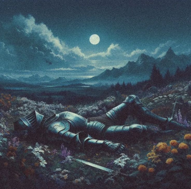 a painting of a knight laying on the ground in front of a full moon and mountains