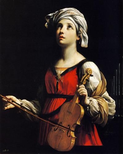 a painting of a woman holding a violin in her right hand and wearing a turban