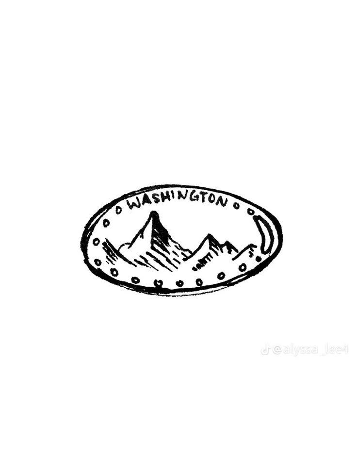 a black and white drawing of a mountain with the words washington on it's side