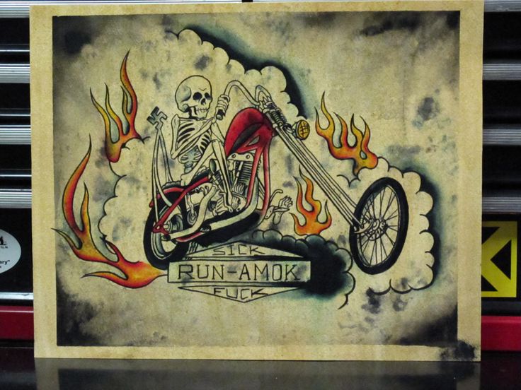 a drawing of a skeleton riding a motorcycle with flames coming out of the back tire