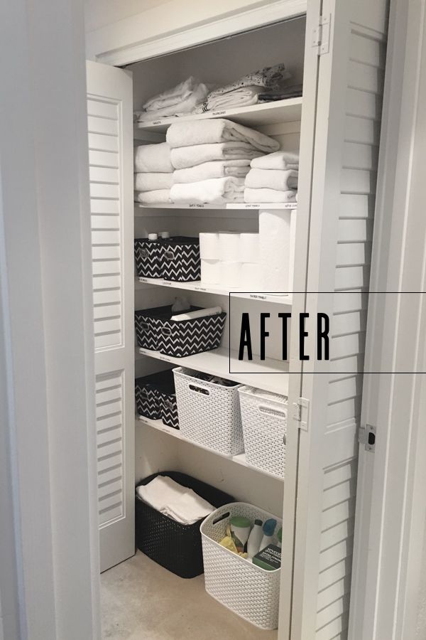 an organized closet with white baskets and folded towels on the shelves, before and after