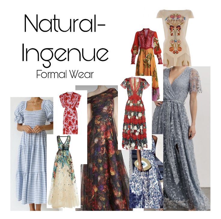 A collage of Natural-Ingenue essence inspiration for formal wear. Ingenue Essence Outfits Fall, Natural Classic Ingenue Essence, Flamboyant Natural Ingenue Essence, Soft Natural Ingenue Essence, Natural Ingenue Style Outfit, Ingenue Natural Style, Natural Ingenue Essence, Ingenue Essence Outfits, Natural Essence Style