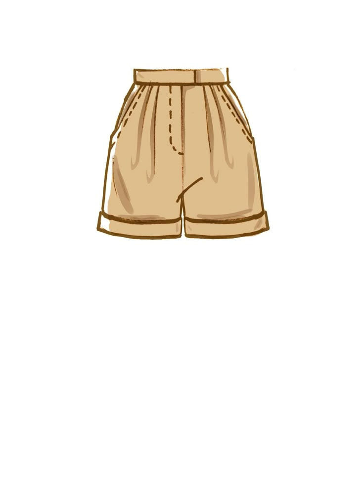 a drawing of a short shorts with buttons on the front and side, in beige