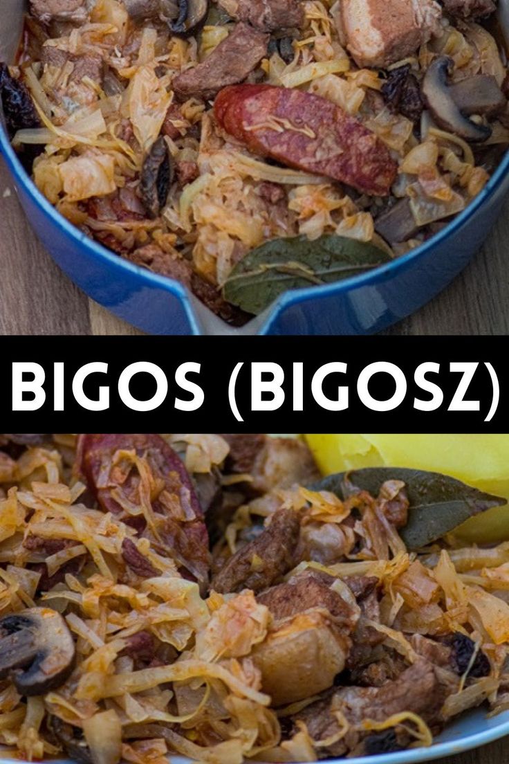 two pictures showing different types of food in blue dishes on a wooden table with text overlay that reads, bigos blosz