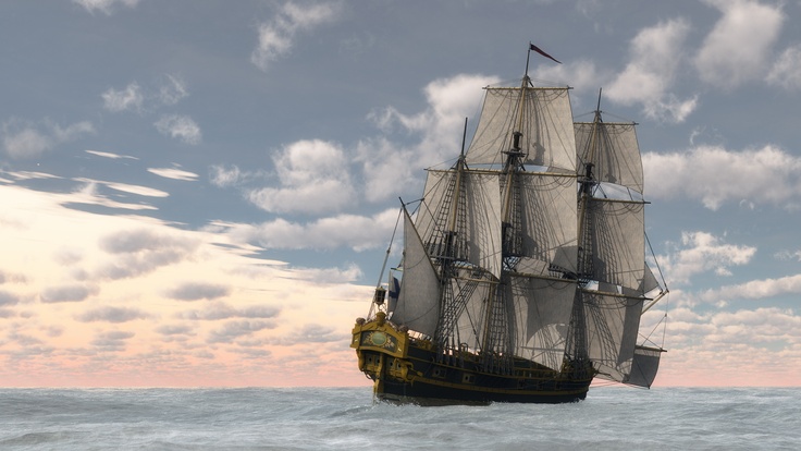 an old ship sailing in the ocean on a cloudy day