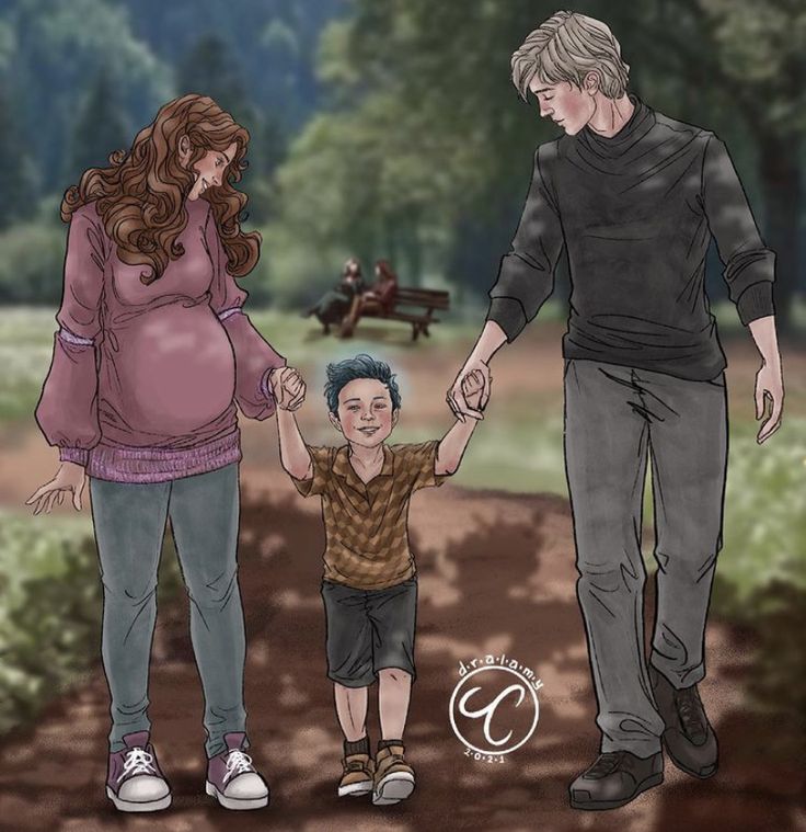 a drawing of a man and woman holding hands with a young boy on a dirt road