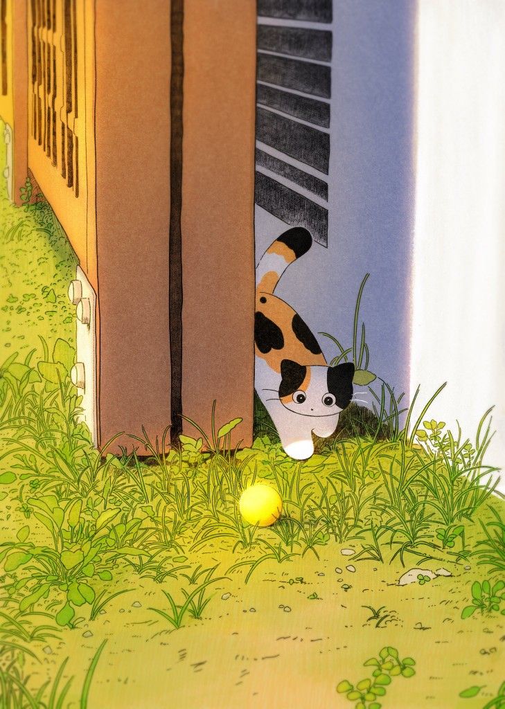 a cartoon cat is peeking out from behind a building and looking at a ball in the grass