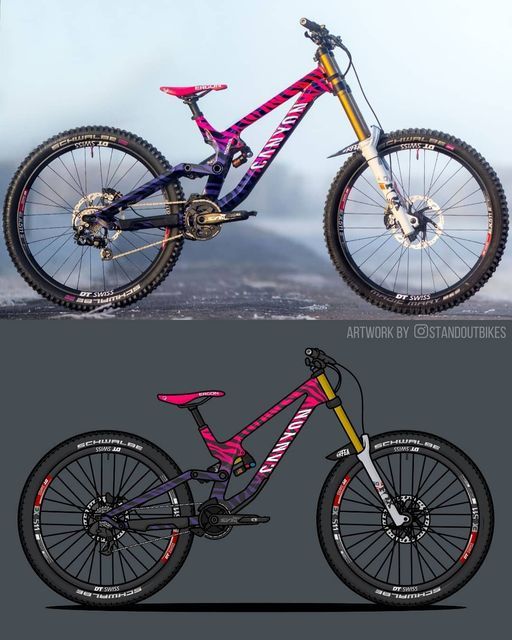 two different views of the same mountain bike, one with pink and blue paint on it