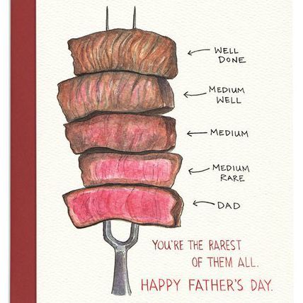 a card with a drawing of a stack of meat on top of a fork and the words happy father's day written below it