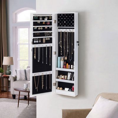 Mirror jewelry cabinet wall-mount/door-hanging armoire, lockable storage organizer w/drawers. Hokku Designs | Hokku Designs Mercedys Over-the-Door Jewelry Armoire w / Mirror 43.3 H x 12.4 W x 3.5 D in brown / Manufactured Wood in White | 43.3" H X 12.4" W X 3.5" D | Wayfair Dressing Room Decor, Lockable Storage, Dressing Table Design, Wardrobe Interior Design, Beauty Room Design, Home Decor Crate, Bedroom Decor Design, House Furniture Design, Jewelry Cabinet