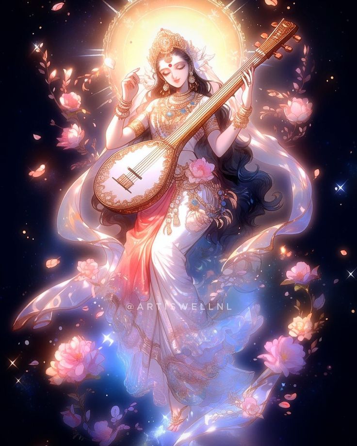 an image of a woman holding a guitar in the air with flowers all around her