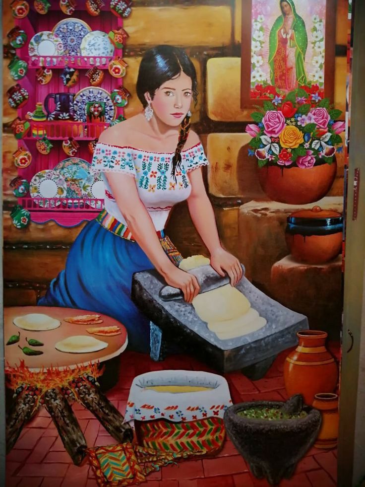 a painting of a woman making bread in a kitchen