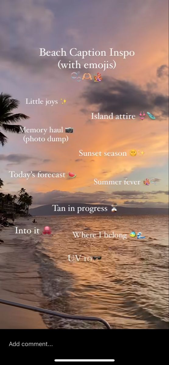 the beach caption inspo with emojis is shown in this screenshot