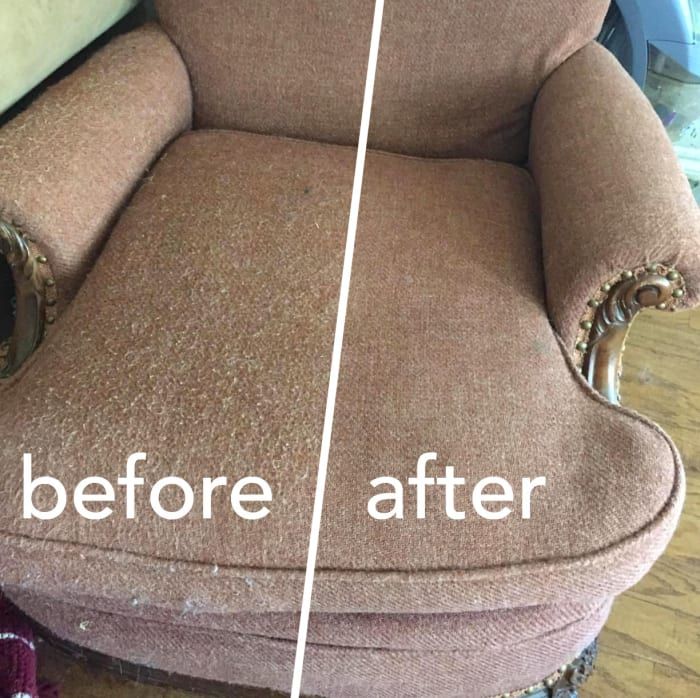 before and after shot of a chair with the upholstered arm rest area removed