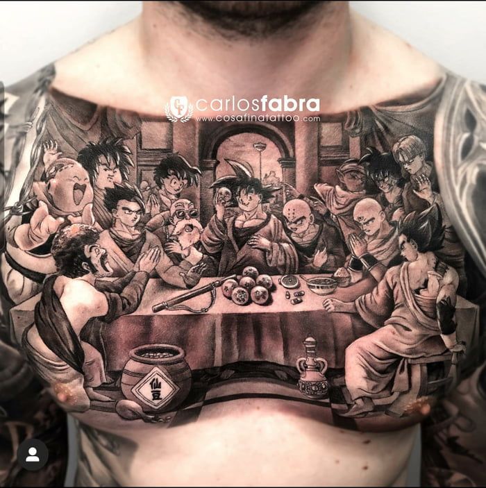 a man's chest with an image of the last supper