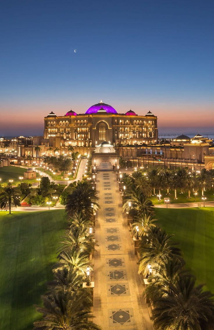 the palace is lit up at night with lights on it's sides and palm trees in front