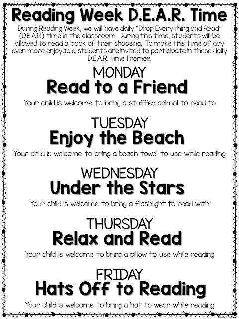 a poster with the words reading week d e a r time, read to a friend and enjoy the beach under the stars