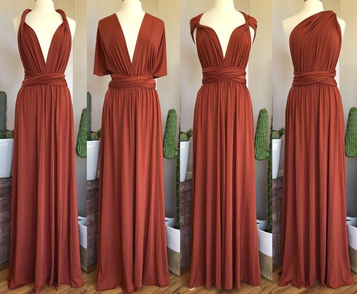 three different views of the same dress on mannequins, one in red