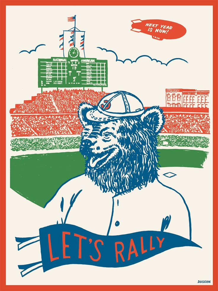 a drawing of a bear wearing a baseball cap with the words let's rally on it