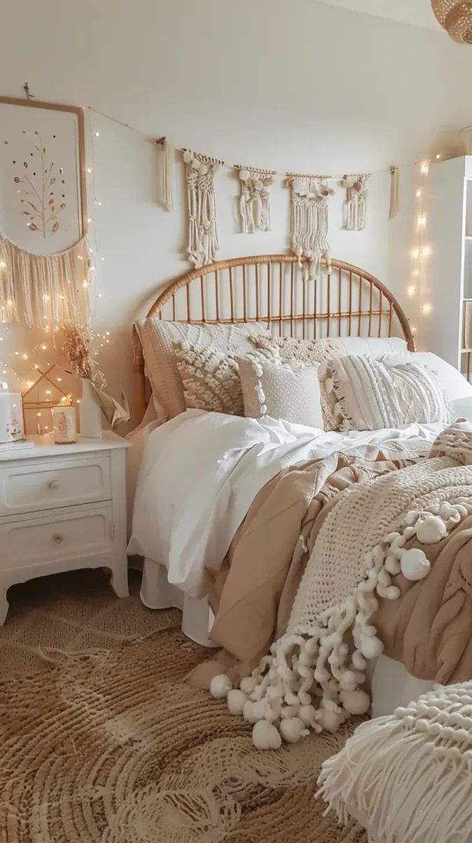 a bed with white sheets and pillows on top of it