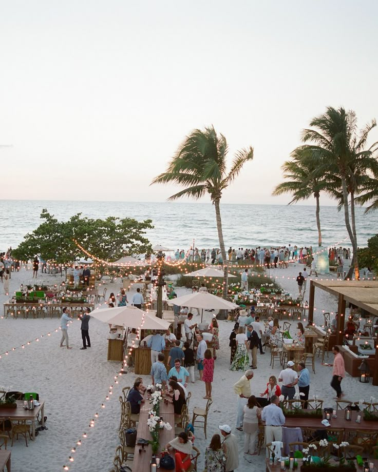 an outdoor wedding on the beach with palm trees and string lights strung across the sand