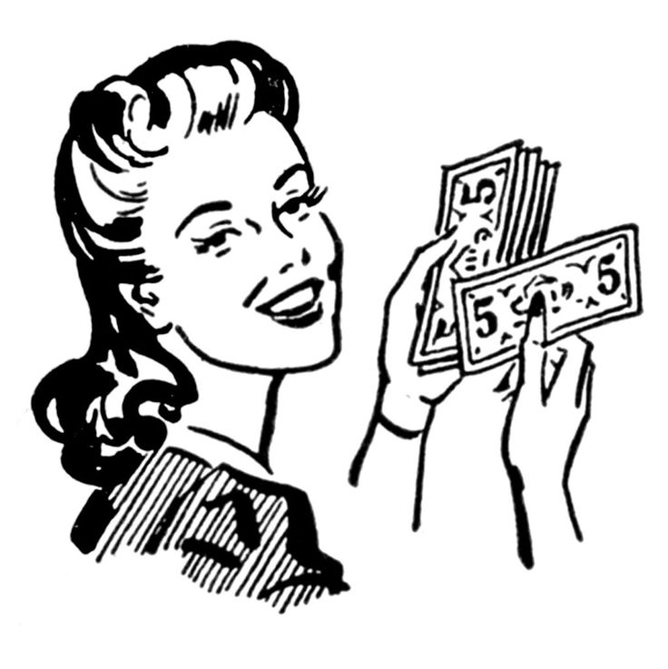 a drawing of a woman holding money in one hand and the words bargain basement on the other