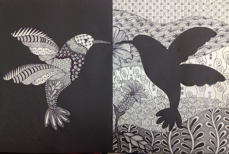 two black and white drawings of birds in flight with patterns on the wall behind them