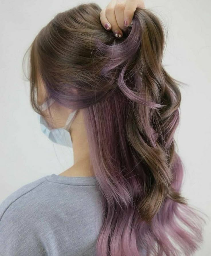 Cute Purple Highlights For Brown Hair, Streak Of Hair Dyed, Brunette With Ashy And Mocha Highlights, Lavender Purple Highlights, Brown Hair Lavender Underneath, Purple With Light Brown Hair, Purple Hair Light Brown, Light Purple Hair Lavender Highlights, Light Brown Hair With Purple Highlights Underneath