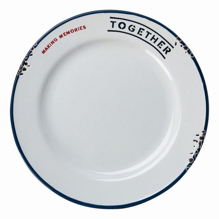 a white and blue plate with the words together on it's rim, against a white background