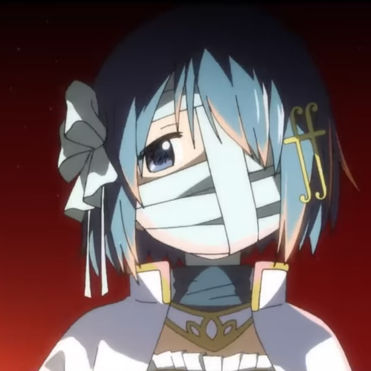 an anime character with blue hair and bandages on her face, looking at the camera