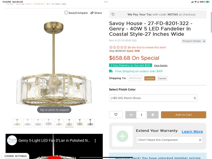 an image of a chandelier on the webpage for home decorating company