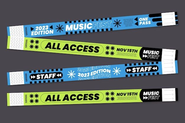 three blue and green lanyards with music festival stickers on each one side