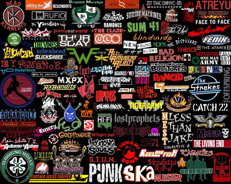 a collage of various logos and colors on a black background with the words in different languages