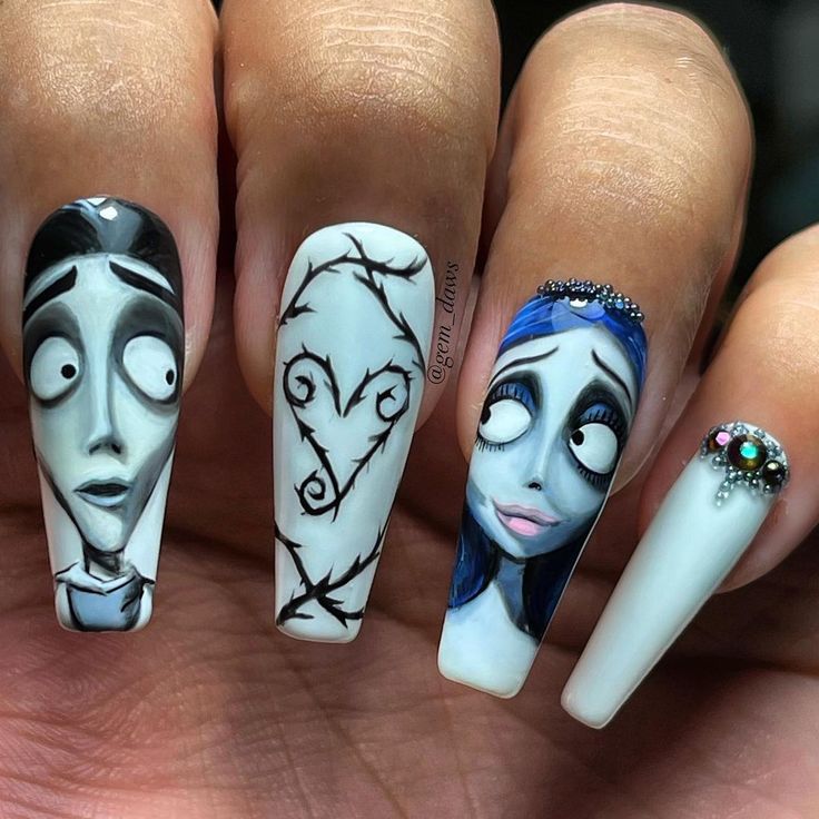 Gemma Dawson’s Instagram post: “The first of my character Halloween sets is the Corpse Bride which is a little underrated I think. Trying to find a character set for…” Fantastic Nails, Disney Acrylic Nails, Horror Nails, Nail Art Halloween, Holloween Nails, Kutek Disney, Halloween Acrylic Nails, Cute Halloween Nails, October Nails