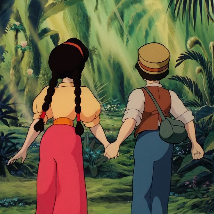 the princess and the frog are holding hands in front of a jungle scene with trees