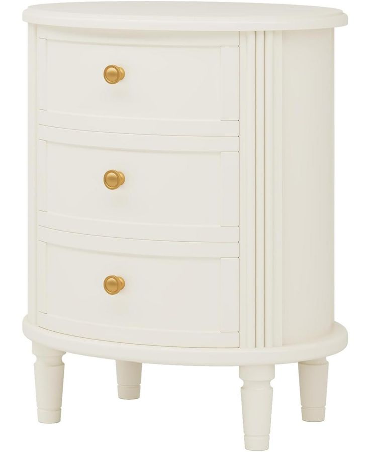 a white dresser with gold knobs on the top and two drawers in the bottom