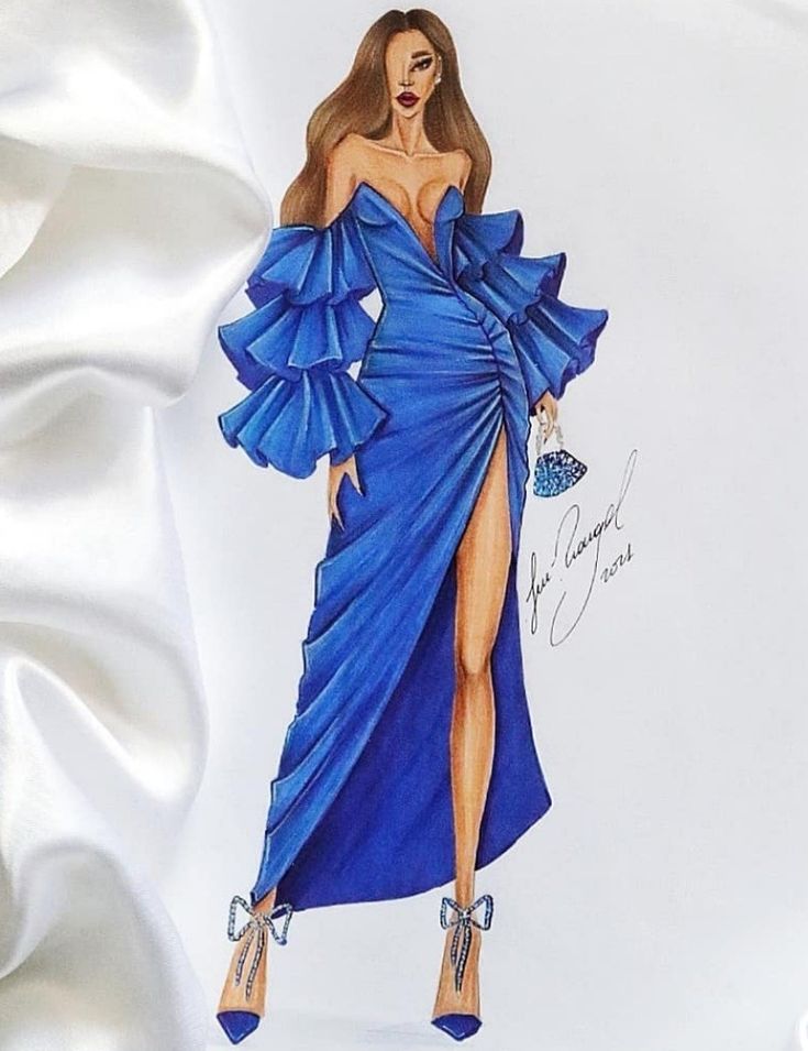 a drawing of a woman wearing a blue dress and high heeled shoes with her hand on her hip