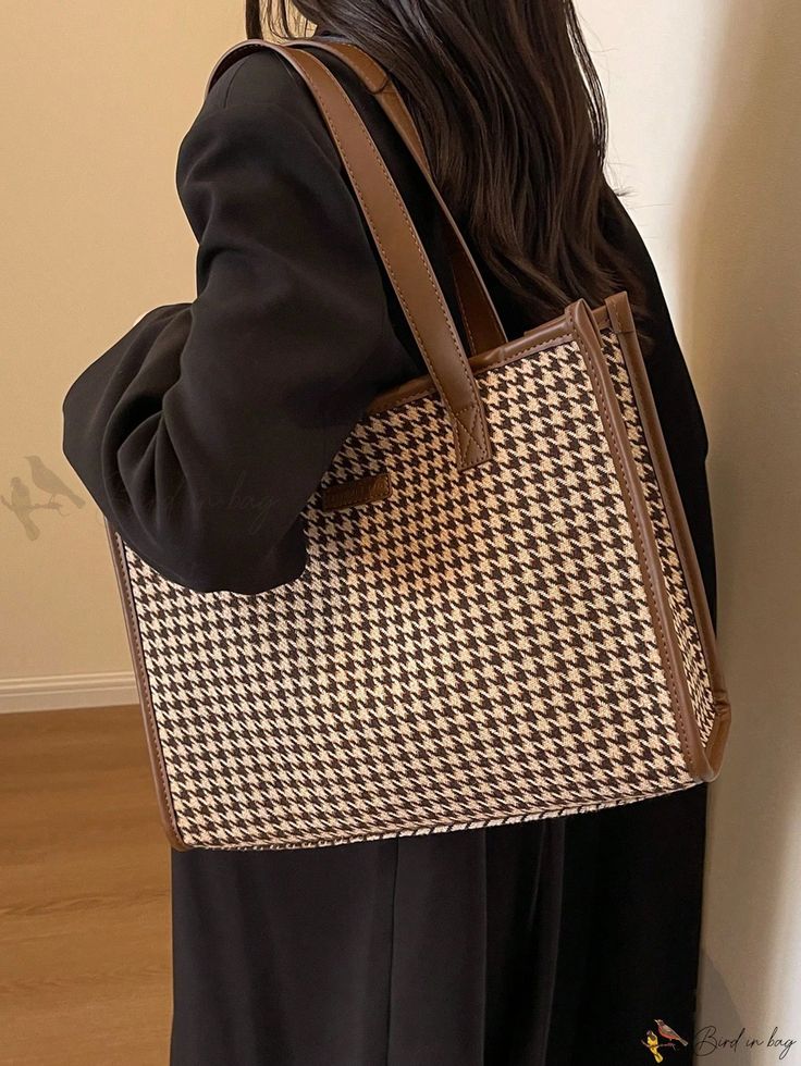 Bird in Bag - Contemporary Houndstooth Print Womens Large Tote Bag, Elegant & Minimalistic Style, Multifunctional for Everyday and Social Affairs, Classic Shoulder Bag Option Houndstooth Shoulder Bag For Everyday Use, Rectangular Houndstooth Shoulder Bag For Daily Use, Daily Use Shoulder Bag With Houndstooth Pattern For Fall, Casual Houndstooth Shoulder Bag For Daily Use, Daily Use Houndstooth Shoulder Bag, Casual Houndstooth Shoulder Bag For Everyday Use, Casual Houndstooth Pattern Bags, Chic Houndstooth Shoulder Bag, Casual Rectangular Bag With Houndstooth Pattern