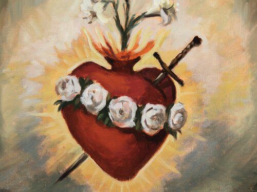 a painting of a heart with flowers in it