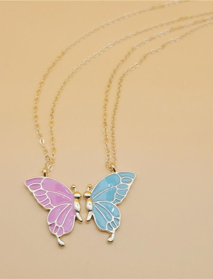 Necklace Two Color Butterfly Chain's Lengthï¼?45+7cm Butterfly: 1.1*2cm Butterfly Necklace Silver, Butterfly Necklace Gold, Color Butterfly, Vintage Flower Prints, Long Red Dress, Bandeau Dress, Simple Colors, Butterfly Necklace, Pink Butterfly