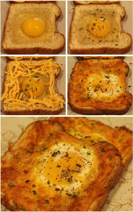 there are four different types of toast with eggs in them and cheese on the top