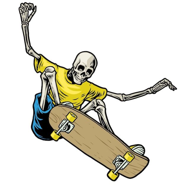 a skeleton riding a skateboard in the air