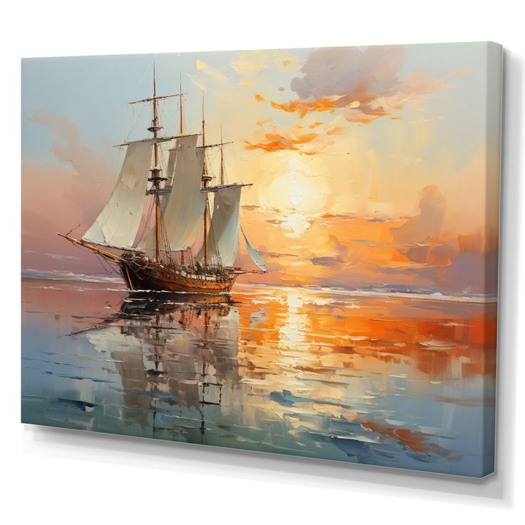 a painting of a sailboat in the ocean at sunset