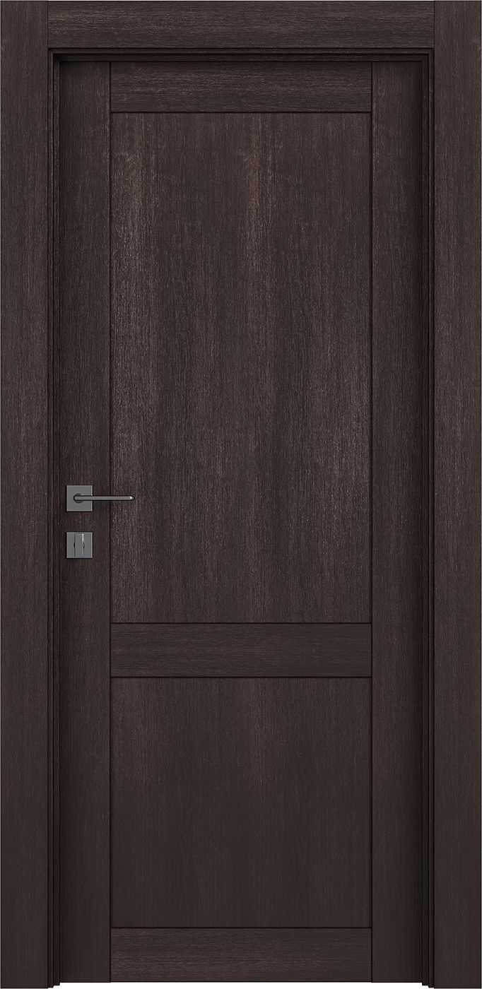 an open wooden door with metal handle on the front and side panels, against a white background