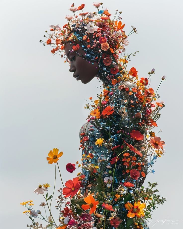 a woman with flowers all over her body and head is standing in front of the sky