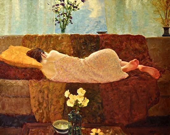 a painting of a woman laying on a couch next to a vase with flowers in it