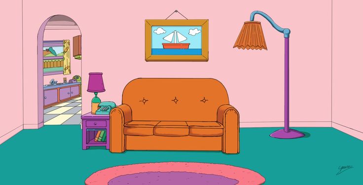 a cartoon living room with an orange couch and pink rug on the green flooring