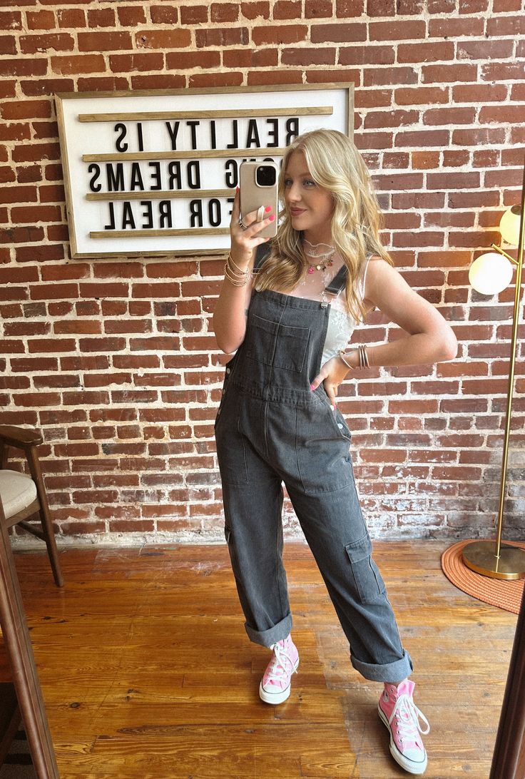 Black Vintage Washed Overalls Functional Side Pockets Cargo Pockets Front Pocket Adjustable Straps These have an oversized fit. Elizabeth is pictured wearing the size small. Overalls With Chelsea Boots, Gray Overalls Outfit, Black Overall Outfit, Overalls Outfit Grunge, 90s Overalls Outfit, Black Overalls Outfit, Denim Overalls Outfit, Cowgirl Clothes, Black Denim Overalls