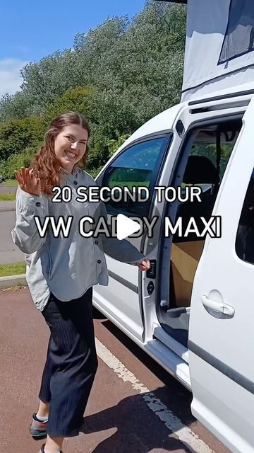 a woman standing in front of a van with the words, 20 second tour w / cady max