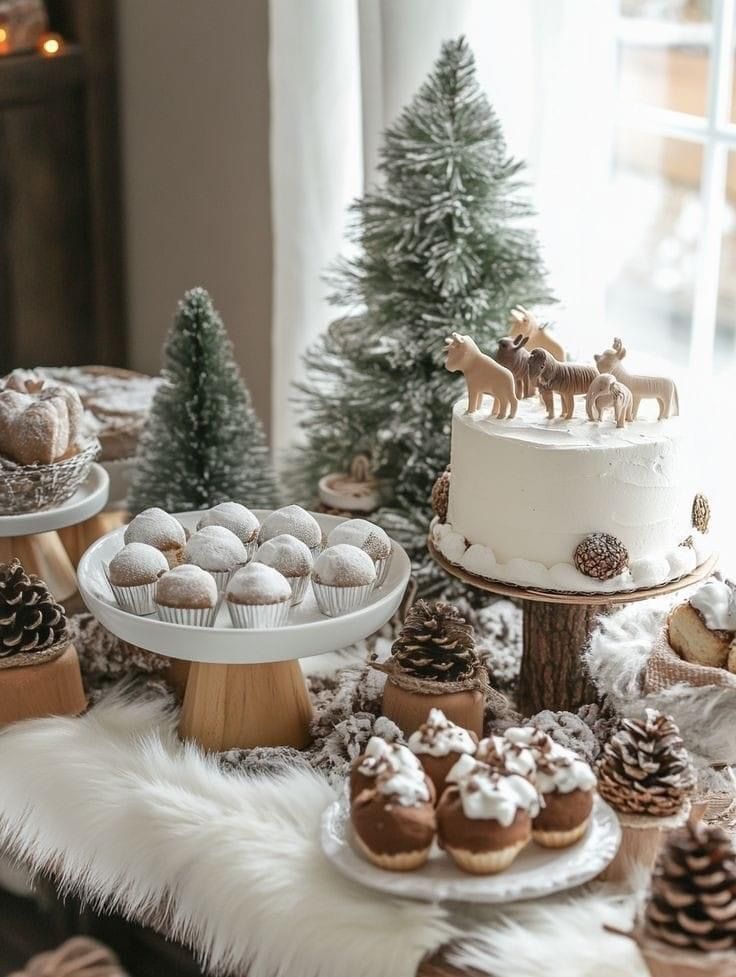 a table topped with cakes and cupcakes covered in frosting next to christmas trees